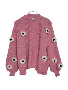 Cato Collection 3D Floral Cardigan Womens Size Large Pink Lantern Sleeve Knit